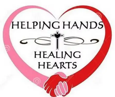Helping Hands Healing Hearts ministry logo with a cross and two hands forming a heart